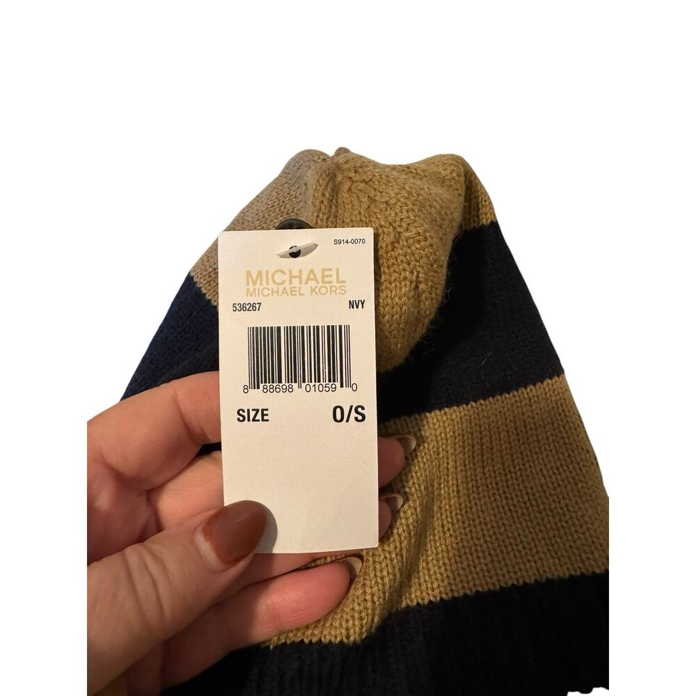 Michael Kors NEW Beanie Hat Black and Tan Striped Knit Cap - Picture 4 of 4